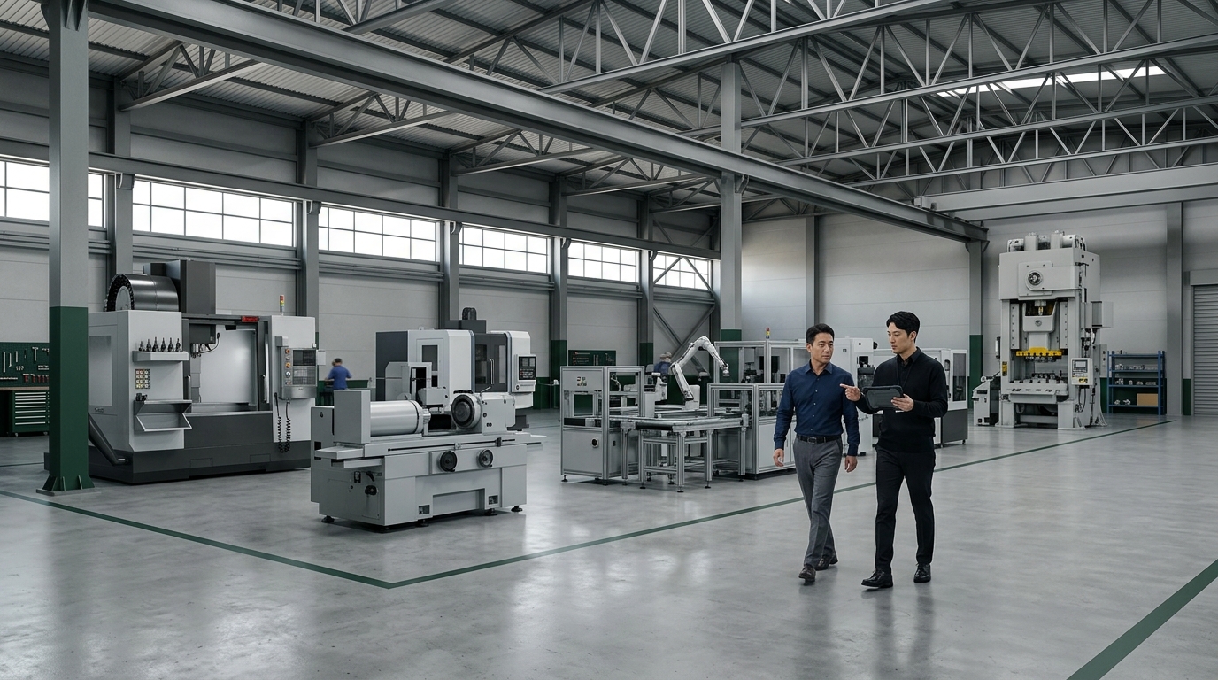 Two colleagues walking through an equipment facility
