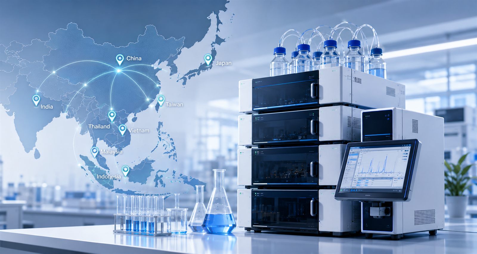 HPLC lab analysis system beside a map of GreenBidz's Asian markets